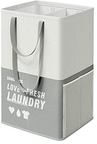 SONGMICS Cesto Portabiancheria Grande, 90L, Porta Biancheria a 2 Scomparti, Sta in Piedi, Pieghevole, Manico Doppio, per Lavanderia Camera da Letto Bagno, Grigio Chiaro LCB209G11