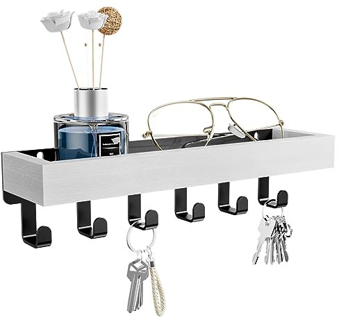 SWTYMIKI Key Holder with Wood Tray and 6 Hooks, Wall Mounted Key Racks, Key Hangers Home Decor Key Rack Mail Organizer for Hallway, Entryway, Bedroom, Mudroom, Office