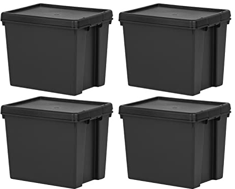 (Set of 4) 24L 24 Litre Recycled Heavy Duty Super Strong Storage Boxes Containers With Secure Lid Boxes Storage Containers Organizing Basket For Home Office Storage (24 LITRE, Black Bam)