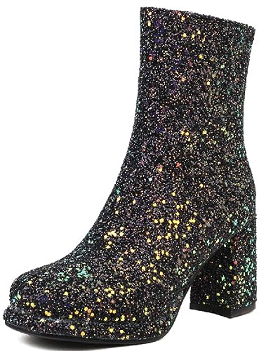 Bottines Scintillantes à Talons épais pour Femmes,Bottillons Sexy de fête à glissière latérale à Bout Rond pailleté de Luxe,Bottes à Talons Hauts de Mariage en Or à la Mode,Noir,40 EU