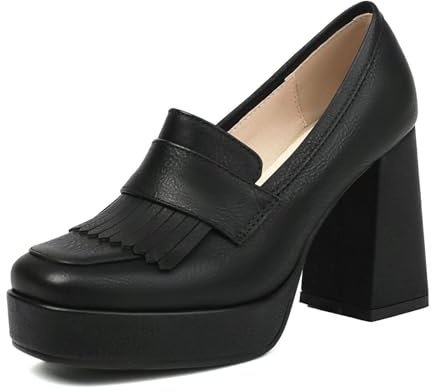 Alsoloveu Women's Platform High Heel Loafers Square Toe Chunky Heels Slip On Pump Shoes with Tassel Decor Size 7 US, Black