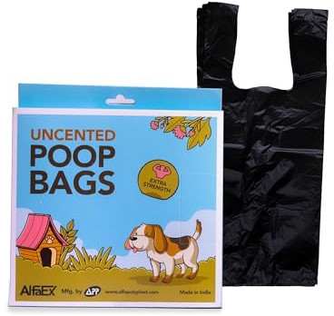 ALFAEX - Heavy Duty Poop Bags - Leak Proof & Non See Through - Extra Thick Pet Waste Bags - Easy Tie Handles - Unscented - Black - 15 x 25 x 36 CM