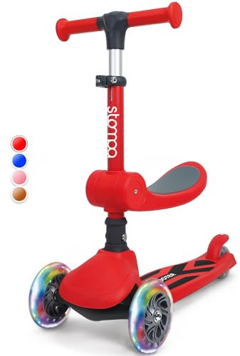 Stompa Roller Kinder 3 Jahre Scooter 2 in 1 Kinderroller ab 2 Jahre bis zu 50kg mit Klappbar Sitz &LED Räder, Höhenverstellbarer, Faltbar Tretroller Dreirad Roller für Kleinkinder Jungen & Mädchen Rot