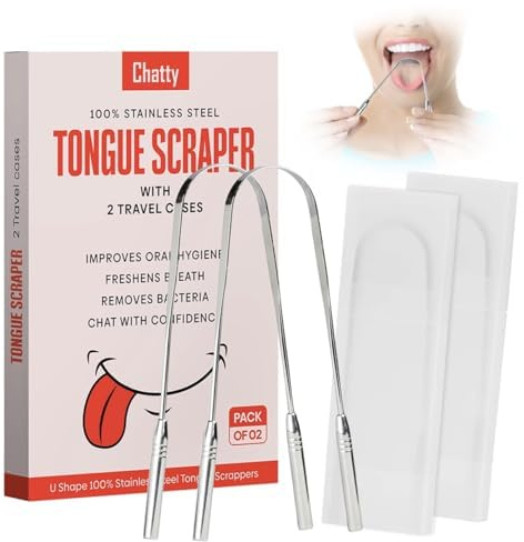 Chatty Raschietto per lingua in acciaio inox di alta qualità con custodia da viaggio (confezione da 2), grado medico, senza BPA, antiruggine, kit essenziale per l'igiene orale, trattamento dell'alito