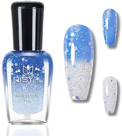 Farbwechselnder Nagellack - Blau Weiß Glitzer Temperaturgesteuerter-Nagellack mit Farbwechsel Effekt - 7ml Langanhaltender Schnelltrocknender Nail polish für Nagel Design, Kein UV-Licht (Blue)