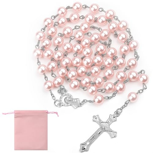KGGZKG Rosenkranz Kette Katholisch Bibel Gebetskette Christlich Rosa Rosary Necklace Rosenkranz Evangelisch mit Retro-Kreuz für Taufe Kommunion Hochzeit Kommunion Party