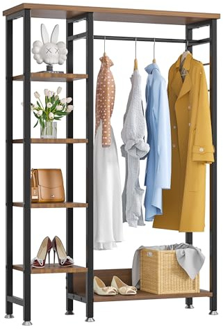 VECELO Free-Standing Garment Rack, Heavy Duty Coat Clothes Rail Rack with 5-Tier Storage Shelves and Hanging Rod for Bedroom Living Room Hallway Entryway, Easy Assembly, Brown