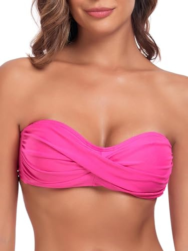Ocean Blues Maillots de bain sans bretelles pour femmes bandeau bikini haut à nouer dans le dos, rose vif, M
