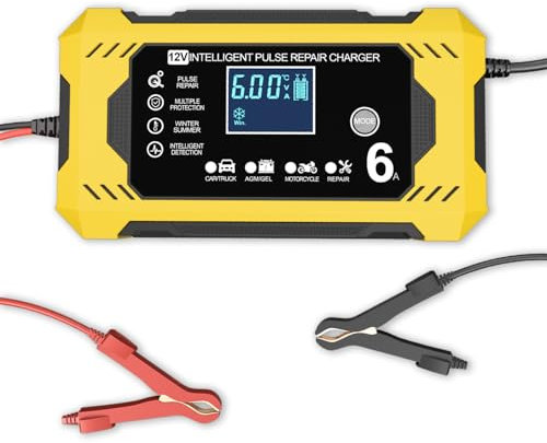 Caricabatterie Auto, 6A 12V Mantenitore Batteria Moto Intelligente Mantenitore di Carica Moto Auto con Schermo LCD Carica Batterie per Auto Moto Barche AGM(Giallo)