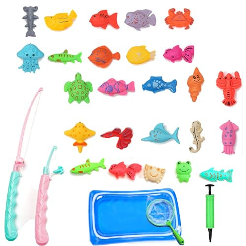 Fishing Game,Hook A Duck Game, Kids Fishing Rod And Fishing Toy Set For Outdoors, Includes 25 Double-Sided Fish, Fishing Net, Inflatable Pool, And Pump, Perfect For Bath Time, Pool Parties