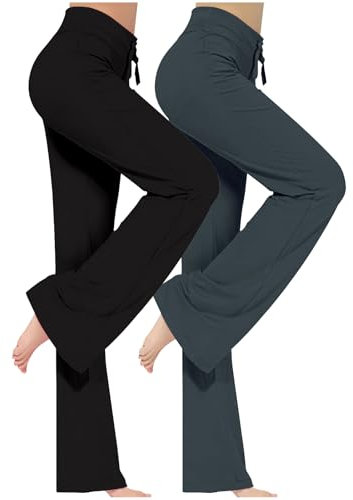 ZWDC 2er Pack Yogahose Damen Schlaghose Baumwolle Activewear Hosen High Waist Yoga Pants Bootcut Jeans Stretch Flared Stoffhose Flare Leggings Haushose Weites Bein Jazzpants Lang