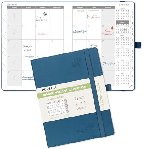POPRUN Monthly Planner 2026-2027 (Medium- 6.5'' x 8.5'' Soft Cover), 18-Month Calendar Book (Jan.2026 - Jun. 2027), Calendar Planner with Monthly Tabs & Pocket, 100 GSM Paper - Night Sky Blue
