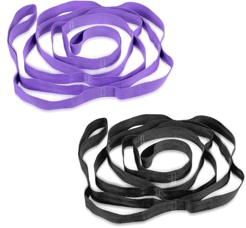 Bremorou 2 Pcs Yoga Straps for Stretching, Non Elastic Yoga Belt, Non Stretch Strap for Exercise Stretching Straps Loops, Gymnastics Stretch Band With Loops for Physical Therapy(Black,Purple)