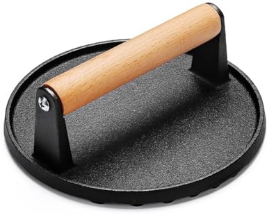 AUMAYCO Presse à hamburger à viande et bacon – En fonte robuste antiadhésive – Broyeur à hamburger professionnel pour saisir des marques parfaites d'ombres – Poignée en bois