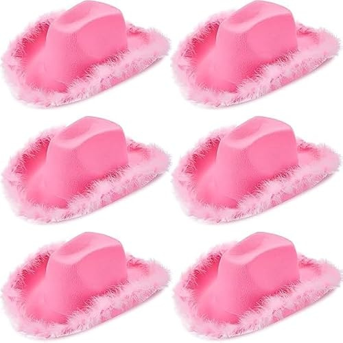 TESIN 6 cappelli da cowboy rosa con piuma di peluche – Cappelli da cowgirl da donna – Cappello da cowgirl per addio al nubilato, compleanno, Halloween, carnevale e feste a tema