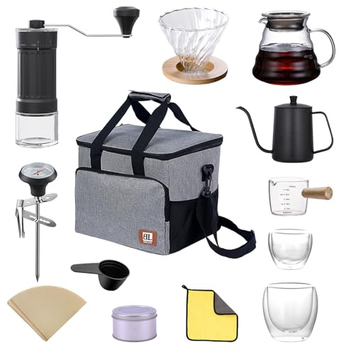 Pour-Over Kaffeebereiter-Set 13-Teilig – All-in-One Handaufguss-Set/Handaufguss-Kaffee Set mit Tragetasche, Komplettes Handfilter-Set, Geschenkidee für Kaffeeliebhaber – Ideale Geschenkidee (Grau)