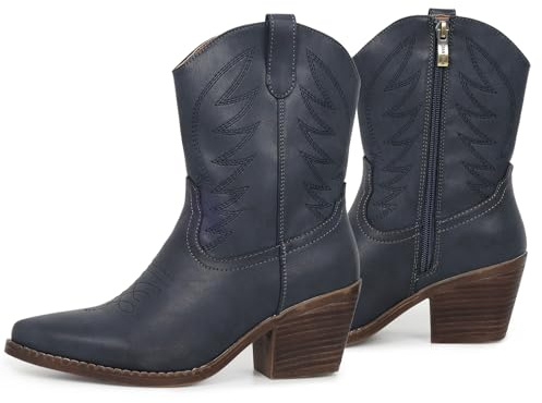 gioanroca Western Cowgirl Ankle Boot for Women with Embroidered Comfy Fashion Vintage Boot Wide Calf Horse Riding Pointed Toe Cowgirl Short Booties (Navy Blue-A, Adult, Women, 10, Numeric, US Footwear Size System, Medium)