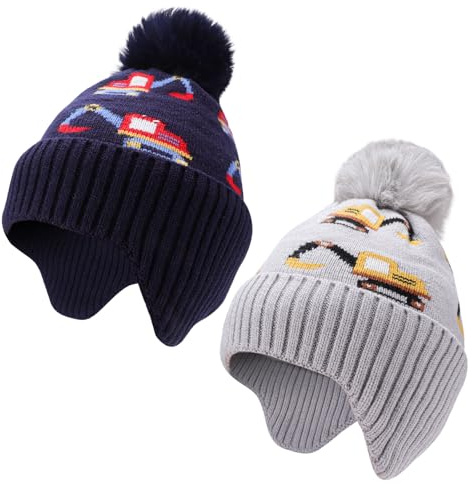 Jupsk Kids Beanie Winter Bobble Hat Thermal Warm Knitted Fleece Lined Diggers Cap with Earflap for Toddler Children Boys 3-8 Years 2 PCS