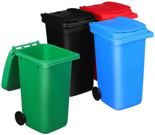 DEARMAMY 4 Stück Mini Mülltonnen Stifthalter mit Deckel und Kleiner Robuster Plastik schreibtischabfallbehälter in Schwarz Blau Grün Rot für Büro und Zuhause