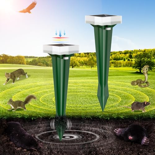 Ahuyentador de Topos, 3 Modos de Vibración Ahuyentador de Ratas con Luz LED, Solar y Impermeable Ultrasónico de Plagas, Topos y Serpientes, per Césped, Patio y Jardín (4, Verde)