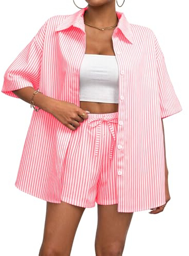 Rayson Ensemble Short Deux Pièces Femme Ete Rayé Survetement Chemise à Manches Courtes et Short à Cordon Tenue Femme Été Vetement pour Casual Plage Travail