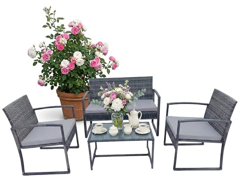 Relaxdays Set Giardino in polyrattan 4 pz.: Divano 2 posti, 2 sedie, Tavolo Vetro, Grigio 78x106x56 cm
