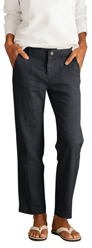 Pantaloni Donna in Cotone Lino a Tinta Unita, Modello Casual con Tasche Laterali, Vita con Bottone, Lunghezza alla Caviglia, Ideali per Look Estivi