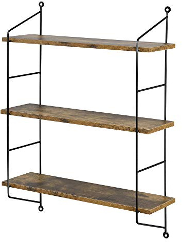 Vägghylla Hylla Förvaring 3 Hyllplan Stålram PVC belagd MDF Mörk Träfärg 63,5x48x15cm