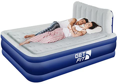 Get Fit Air Bed With Built In Electric Pump - Premium King Airbed - Quick Blow Up Bed With Headboard, 2 FREE Inflatable Pillows - Elevated Inflatable Air Mattress For Outdoor, Camping - Navy/White