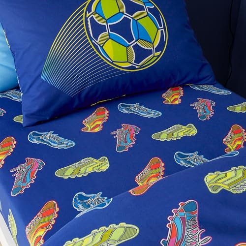 Catherine Lansfield Bright Football Single Fitted Sheet Navy Blue