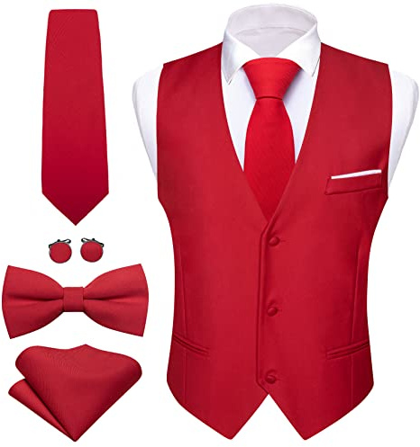Barry.Wang Gilet de costume pour homme - Coupe ajustée pour affaires, style décontracté, couleur unie, avec cravate et nœud papillon - Ensemble pour mariage et fête, Rouge, L