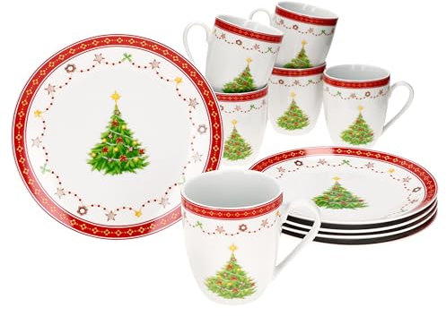 MamboCat Weihnachtstraum 12tlg Frühstücksset I Je 6x kleine Frühstücksteller & Kaffeebecher 340ml für 6 Personen mit Weihnachtsdekor I Porzellan-Geschirr für Weihnachten, Advent & Nikolaus
