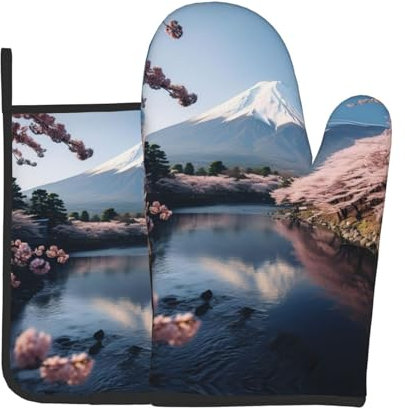 Juego de guantes de horno y soportes para ollas, guantes antideslizantes resistentes para barbacoa, cocina, hornear, parrilla, impresión de paisaje Fuji de Japón