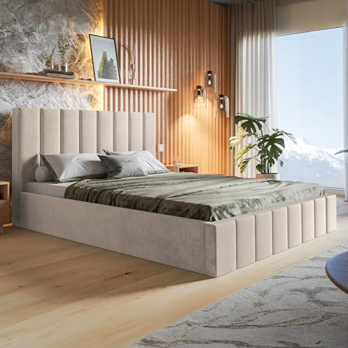 MOTIVENA Ibiza Bett 180x200, Polsterbett 180x200, mit Bettkasten, mit Stauraum, mit Lattenrost, mit Kopfteil, ohne Matratze, Samt, Beige Creme