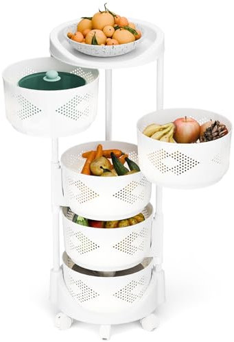 Haloppe Küchen-Aufbewahrungswagen, 5-stufiges, rundes, geschichtetes Regal, um 360 Grad drehbarer, beweglicher Obst- und Gemüsekorb mit feststellbaren Rollen, verstellbarer Aufbewahrungswagen für