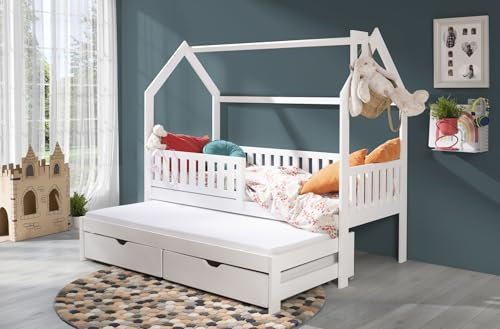 thematys Jugendbett Hausbett mit Ausziehbett und 2 Schubladen mit abnehmnaren Rausfallschutz weiß/Natur 80x160, 80x180, 90x200cm für Jungen und Mädchen Kinderbett (Weiß, 80x180cm)