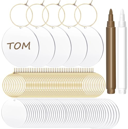IAXSEE 50Pcs Acrylic Blank Wine Charms for Goblet With 2 Pearl Marker Pen for Cocktail Champagne Stem Bulk DIY Blank Labels for Wedding Party Dinner(Round)