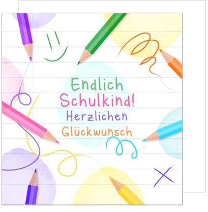 Edition Seidel Premium fyrkantigt gratulationskort för skolning med kuvert. Skolkort med slogan om skolstart kort gratulationskort för skolbarn flicka pojke 1. Klass (ESQ109 SW025)