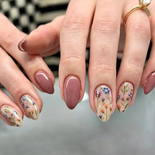 Flowers French Tip Press on Nails Almond Medium Spring Summer Pink Acrylic False Nails with Elegant Design Reusable Glossy Full Cover Removable Stick on Nails for Women Daily Wear 24Pcs