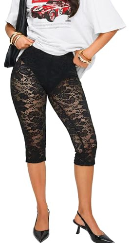 TZLDN Pantalones de encaje Capri de 3/4 para mujer, sexy, transparentes, leggins para festival, disco, fiesta, Negro , L