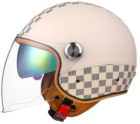 Öppet Ansikte MC-hjälm Motorcykel Retro Scooter-hjälm Vintage Jet-hjälm 3/4-hjälm Läder Halvhjälm Dubbelvisir Män Kvinnor Krockhjälm ECE-godkänd(H,XL=(61~62cm))