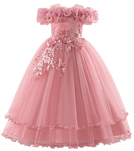 IBAKOM Robe de petite fille d'honneur fille festive pour mariage : robe d'été sans manches avec fleurs longue - robe de princesse en tulle pour enfants de 7 à 12 ans, Rose, 7 ans