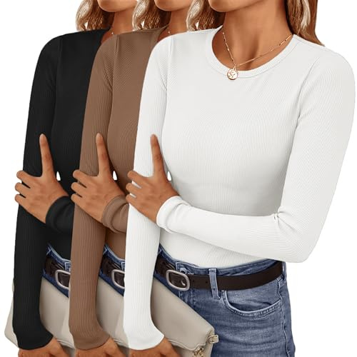 Ekouaer 3 Pack Langarmshirt Damen Rundhlas Basic Tops Unterhemd Layer Tee Warm Thermo Oberteil Slim Fit, Schwarz + Braun + Weiß, S