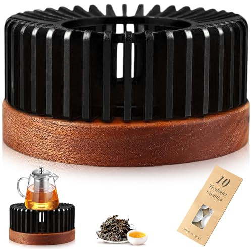 Stövchen für Teekanne, Stövchen aus Aluminium und Holz, Teekannenwärmer mit Teelicht, Tee Warmhalter Hohl Geschnitztes Design, Kaffeewärmer, Geeignet zum Erhitzen von Tee, Milch, Kaffee