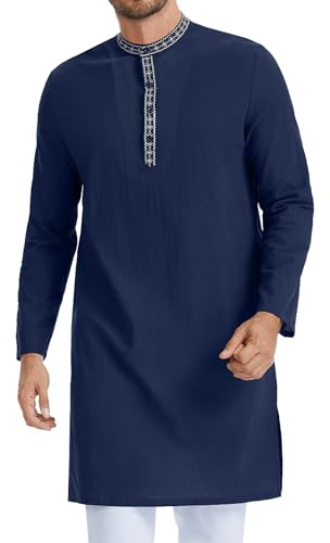 LVCBL Mens Kurta Linen Thobe Islamic Kaftan Traditional Long Sleeve Robes For Men Navy XL