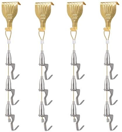 UFURMATE Set di 4 binari per appendere quadri, tra cui filo in ottone da 2,5 m, gancio per guida in metallo, clip per fune metallica e gancio regolabile, accessori per appendere display Art Picutre