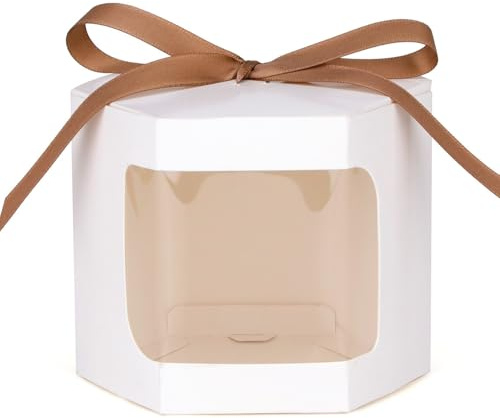 Bolsa de Regalo con Ventana Transparentes 50 cajas de papel for embalaje tartas, bolsas hexagonales for dulces con ventana PVC transparente(White,7x7x7cm)