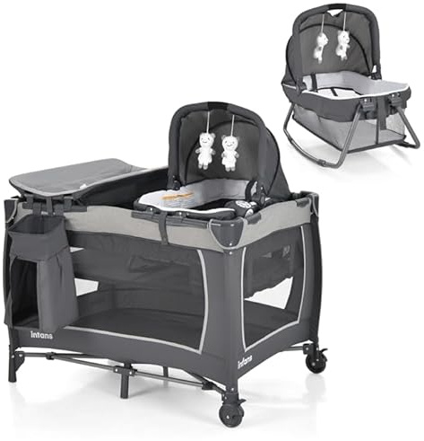 GOPLUS Cuna de Bebé Plegable 4 en 1, Cuna con Ruedas, Colchón, Bolsa de Transporte, Juguetes Colgantes, Cama Infantil de 2 Niveles con Moisés, Cambiador, para Viajes Vacaciones, Carga 15 kg (Gris)