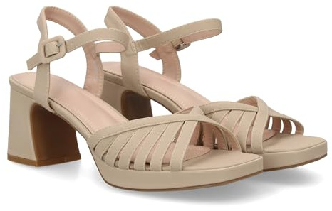 99822 Sandalia de tacon ancho con plataforma para mujer, tacon y altura comodos, estructura de multi tira y cierre con pulsera ajustable de hebilla en el tobillo. Ideal para eventos Beige Talla 38