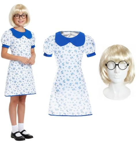 Girls Sweet Schoolteacher Costume Set – White and Blue Collared Dress with Short Blonde Bob Wig & Round Glasses – Classic Storybook Honey Inspired Kids Outfit for Book Week, World Book Day & Halloween